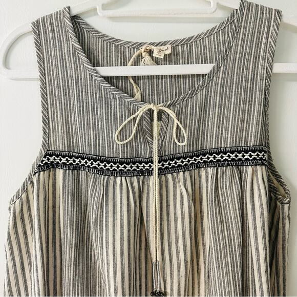 Hem & Thread Striped Dress Tie Round Neck Sleeveless Cotton Gray Boho M - Picture 3 of 10